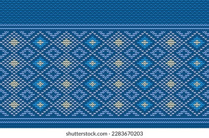 Sweater knitting pattern, Vector ethnic embroidery geometric background, Knitted abstract beautiful style, Blue pattern template motif, Design for textile, fabric, batik, tile, aprons