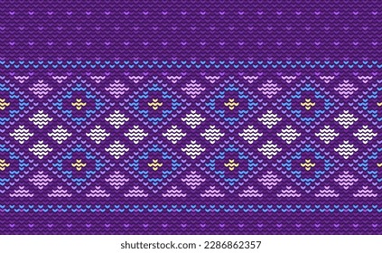 Sweater knitting pattern, Vector ethnic embroidery tribal background, Knitted classic ornament style, Purple pattern jacquard retro, Design for textile, fabric, curtain, kaftan, graphic