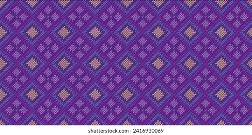 Sweater knitting pattern, Vector ethnic embroidery jacquard background, Knitted concept zigzag style, Purple pattern square vintage, Design for textile, fabric, backdrop, digital print, wall art