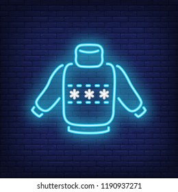 Sweater neon icon. Turtleneck, knitted, snowflake. Winter outfit concept. Vector illustration can be used for street wall signs, billboards, banners