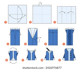 Sweater origami scheme tutorial moving model. Origami garment for kids. Step by step how to make paper cardigan. Vector illustration.