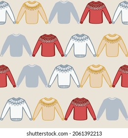 Sweater pattern representing Iceland traditional wool clothes in red, mustard yellow and light grey over beige background. Vector hand drawn art print design. Great for kids and fun home decor