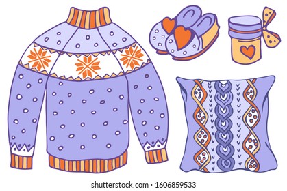 Sweater, pillow, slippers, cup. Vector set of cozy home scandinavian elements. Valentines day. Hand-drawn set of nordic winter doodles. Hygge isolated objects for your design. EPS 8.