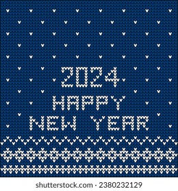 Sweater, pullover or jumper with knitted 2024 and happy new year textile design in blue and white color. Fabric with snow pattern, snowfall print as winter fashion concept.