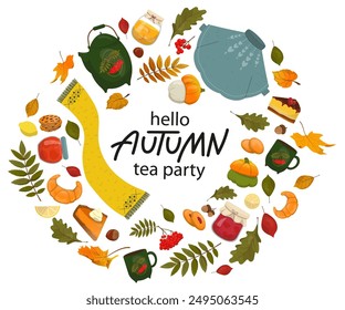 Sweater, scarf, teapot and cups, goodies and autumn leaves and fruits. Set of autumn pictures. Autumn tea party. Autumn, Thanksgiving Day. Vector illustrations for poster, invitation, card, flyer