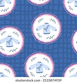 Suéter sin patrón. Invierno ropa acogedora en marco redondo de fondo sin fin. Cubierta de repetición estacional de colores preppy. Vector dibujado a mano ilustración.