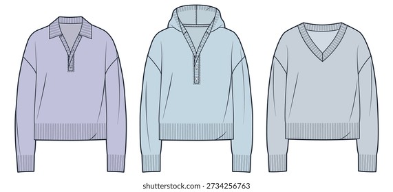 Sweater Set Fashion Flat Technical Drawing Template with Polo Collar, Hood and V-Neck, front view, blue, lilac, grey color, women, men, unisex CAD mockup.