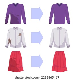 Sweater, shirt and skirt before and after washing flat style, vector illustration isolated on white background. Dirty and clean clothes, stains, arrows, design element