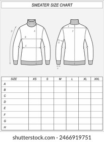 Sweater size chart. Knitted turtleneck front and back sketch. Clothing measurements. Women CAD mockup. Technical drawing template Vector illustration