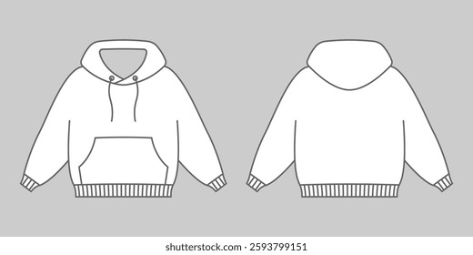 Sweater with sleeves front and back view. Stylish white unisex hoodie with hood for everyday wear and sports