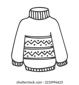 Suéter con adorno de rayas. Ilustración de ropa de abrigo dibujada a mano por vectores aislados en fondo blanco. Decoración.