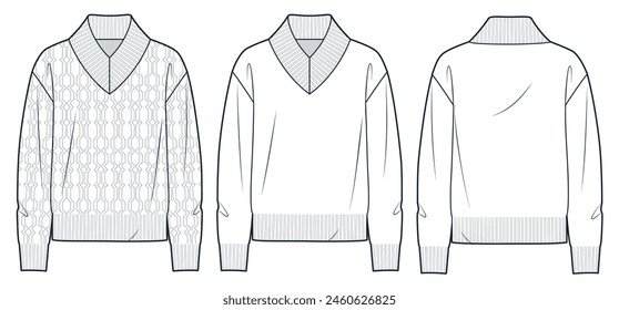 Sweater technical fashion illustration. Cable Knit Sweater fashion flat technical drawing template, relaxed fit, v-neck, front and back view, white, women, men, unisex Top CAD mockup set.