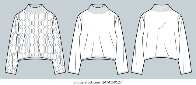 Sweater technical fashion illustration. Cable Knit Sweater fashion flat technical drawing template, oversize, roll neck, front and back view, white, women, men, unisex Top CAD mockup set.