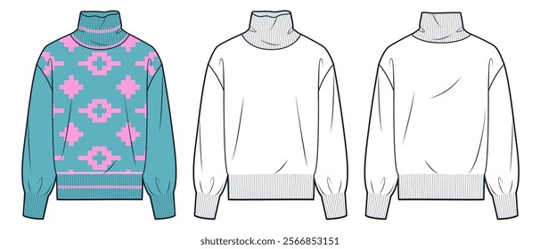 Sweater technical fashion illustration, geometric pattern. Sweatshirt fashion flat technical drawing template, roll neck, oversize, front and back view, white, green, women, men, unisex CAD mockup.