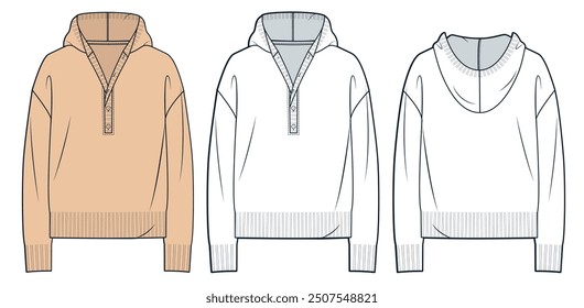 Sweater technical fashion illustration. Hooded Sweater fashion flat technical drawing template, half button, oversize, front and back view, white, peach color, women, men, unisex Top CAD mockup set.