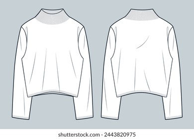 Sweater technical fashion illustration. Jumper fashion flat technical drawing template, overfit, roll neck, front and back view, white, women, men, unisex CAD mockup.