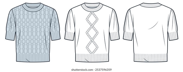 Camisola de moda técnica ilustração. Pigtails Jumper moda plana modelo de desenho técnico, ajuste relaxado, pescoço redondo, manga curta, vista traseira frontal, branco, azul, mulheres, homens, conjunto de maquete CAD unisex.