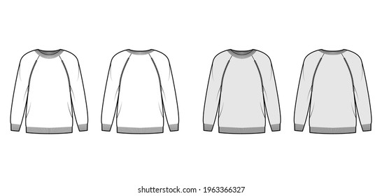 Sweater technical fashion illustration with rib crew neck, long raglan sleeves, oversized, thigh length, knit cuff trim. Flat pullover apparel front, back, white grey color. Women, unisex CAD mockup