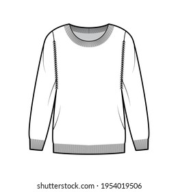 Sweater technical fashion illustration with round neck, long sleeves, Regular fit, fingertip length, Ribbed trims. Flat jumper apparel front, white color style. Women, men unisex CAD mockup