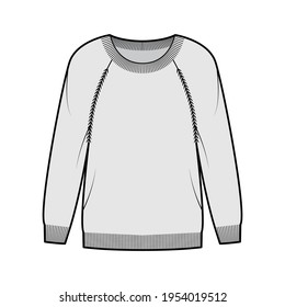 Sweater technical fashion illustration with round neck, long raglan sleeves, Regular fit, fingertip length, Ribbed trims. Flat jumper apparel front, grey color style. Women, men unisex CAD mockup