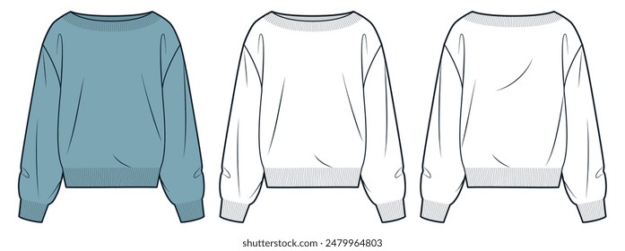 Sweater technical fashion illustration. Sweatshirt fashion flat technical drawing template, boat neck, oversize, front and back view, white, blue green, women, men, unisex Top CAD mockup set.