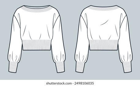 Sweater technical fashion illustration. Sweatshirt fashion flat technical drawing template, boat neck, balloon sleeve, cropped, oversize, front and back view, white, women, men, unisex Top CAD mockup.