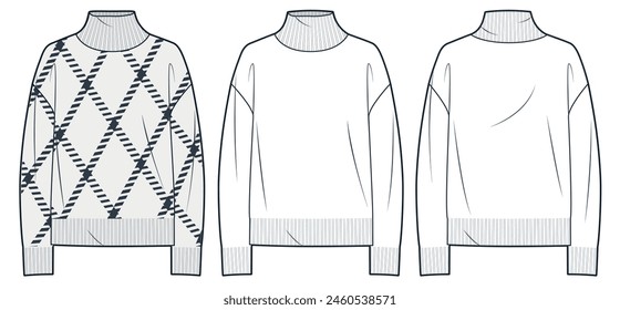 Pullover technische Mode-Illustration, Schottenkarierte Muster. Jumper Mode flache technische Zeichnung Vorlage, entspannte Passform, Rollhals, Vorder- und Rückansicht, Weiß, Damen, Männer, Unisex Top CAD Mockup Set.