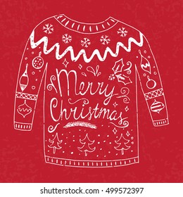 Sweater with text "merry christmas" and different christmas ornaments. Vector illustration