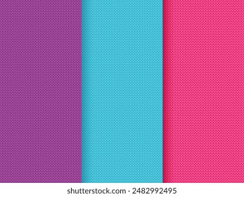 Sweater texture pattern. Set of knit seamless backgrounds. Vector. Print with empty place for text. Wool purple, blue, pink pullover. Color illustration. Handicraft abstract ornament.