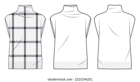 Sweater Vest technical fashion illustration, plaid design. Knitted Vest technical flat drawing template, roll neck, oversize, front and back view, white, women, men, unisex CAD mockup set.