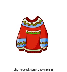 Sweater. Warm woolen pullover. Winter clothing. Red, green and blue Christmas pattern with stripes. Cartoon illustration