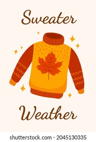 Sweater weather autumn concept. Cute knitted pullover with yellow maple leaf. Hand drawn flat vector illustration.