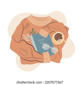 Sweater weather concept. Hello Fall. Cozy Autumn reading time. vector illustration