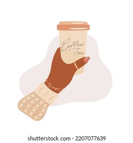 Sweater weather concept. Woman hand holding hot coffee cup. Vector illustration