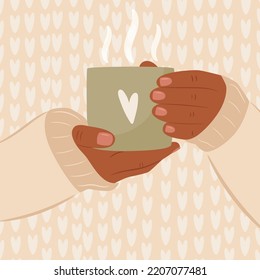 Sweater weather concept. Woman holds hot coffee cup. vector illustration 