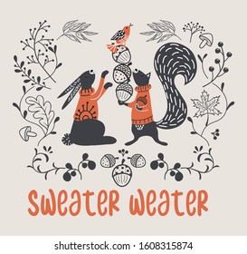 Sweater weather cozy autumn template with animals vector illustration. Poster with funny squirrel and hare in sweaters picking acorns flat style design. Isolated on gray background