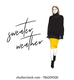 Sweater weather illustration. Fashion girl sketch autumn style.  Woman in sweater, skirt and booties. Magazine city style poster