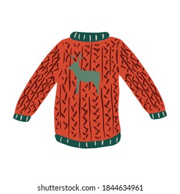 Sweater from wool isolated on white background. Red ugly sweater with deer sketch hand drawn in style doodle vector illustration.