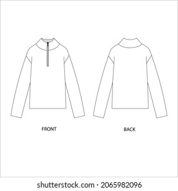 Sweater with zip technical sketch. Pullover front and back view. Jumper template design. Sweater vector illustration. 