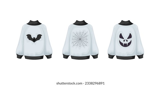 Sweaters for All Saints Day. Black and white sweatshirts with the image of a bat, a spider web and the face of Jack the pumpkin. Halloween-themed printed clothes. Vector illustration