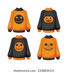 Sweaters for All Saints Day. Black and orange hoodies with the image of Jack the pumpkin s face. Halloween-themed printed clothes. Vector illustration