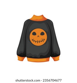 Sweaters for Halloween. A black and orange sweater with a picture of Jack the pumpkin. Halloween-themed printed clothes. Vector illustration