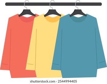 Сsuéteres coloridos pendurados em um cabide. Ilustração vetorial com fundo transparente.