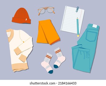 Sweaters, jeans, glasses, socks, hat, note list and scarf flat lay style. Trendy top down view illustration. Autumn atmosphere. Modern minimalistic group of clothes design for web card, banner.