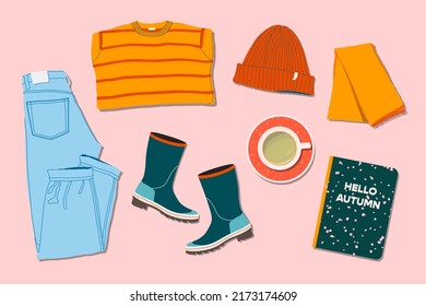 Sweaters, jeans, scarf, wellies, hat, note book and cup of tea flat lay style. Trendy top down view illustration. Autumn atmosphere. Modern minimalistic group of clothes design for web card, banner.