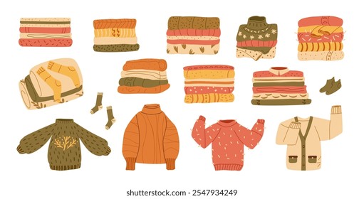 Sweaters and jumpers set. Stack of clothes. Warm knitted cardigans and pile of winter and fall apparel. Vector flat illustration isolated on white background.
