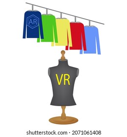 Sweaters on a hanging hanger, tailor's floor mannequin - vector Additional reality. Modern technologies. Internet business project. Sale