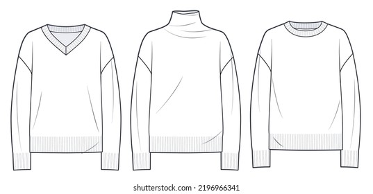  Sweaters Set, Jumpers technical fashion illustration. Sweaters fashion technical drawing template, overfit, roll neck, round neck, v neck, long sleeve, front and back view, white, unisex CAD mockup.