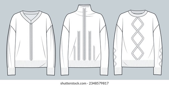 Sweaters Set, Jumpers technical fashion illustration. Pigtails Sweaters fashion technical drawing template, overfit, roll neck, round neck, v neck, front view, white, women, men, unisex CAD mock-up.