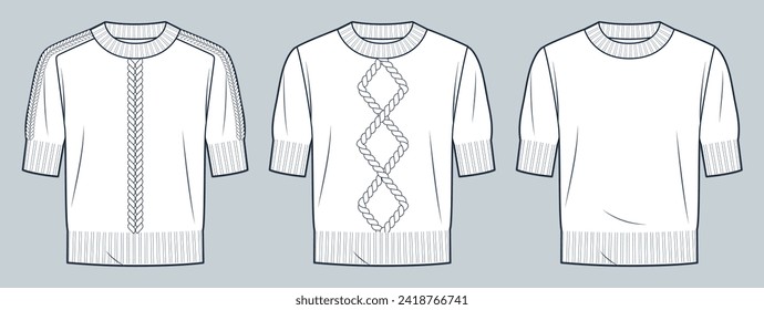 Sweaters Set, Jumpers technische Modegrafik. Pigtails Sweater-Mode-flache technische Zeichnung Vorlage, entspannter Sitz, Rundhals, kurze Ärmel, Frontansicht, weiß, Frauen, Männer, unisex-CAD-Modell nach oben 